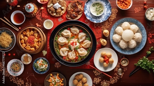 Asian traditional festive new year food flat top view