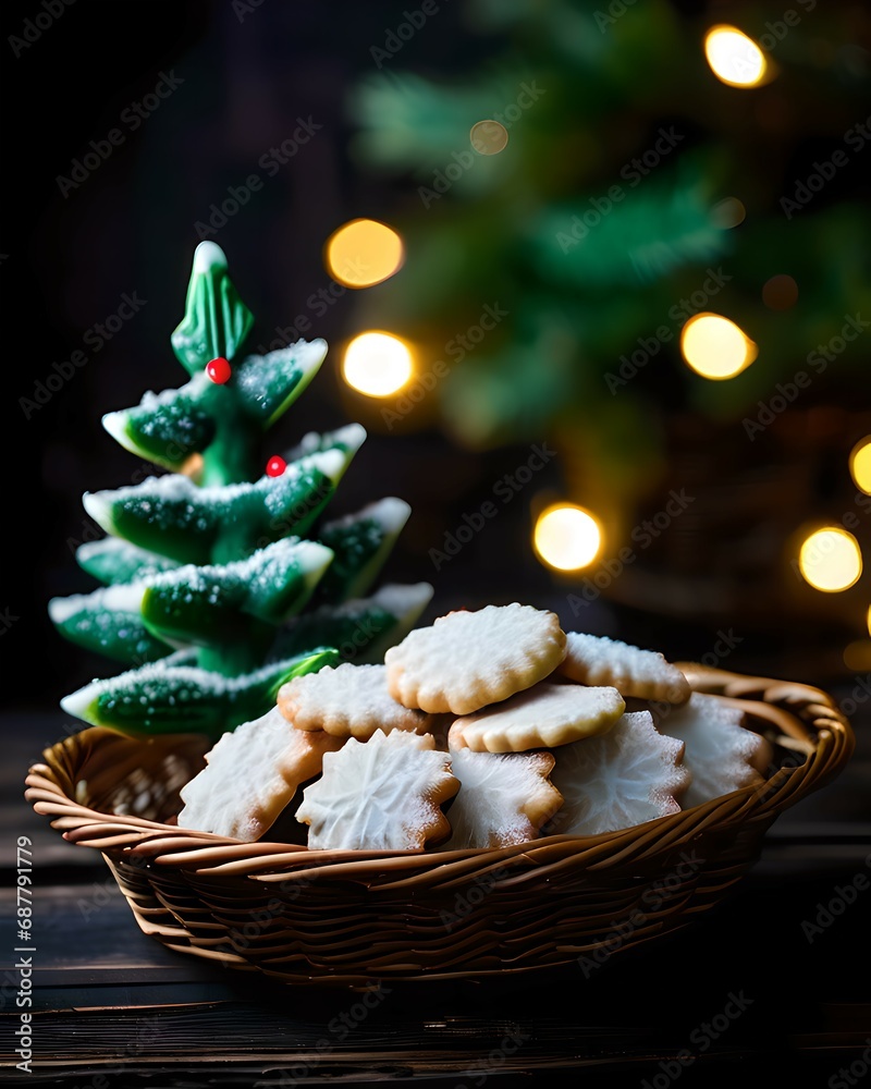 Cookies style christmas tree with snow and lights