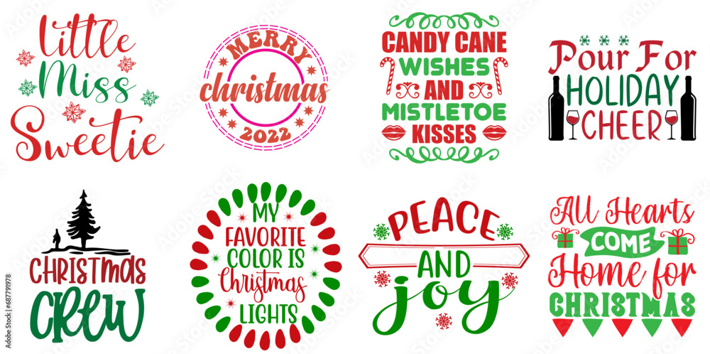 Holiday Celebration and Winter Inscription Bundle Christmas Vector Illustration for Stationery, Wrapping Paper, Label
