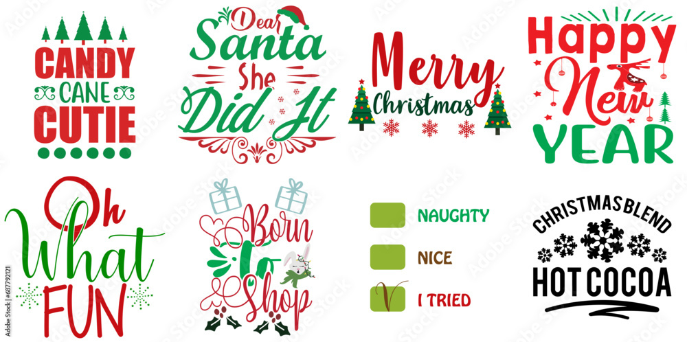 Merry Christmas and Happy Holiday Typographic Emblems Set Christmas Vector Illustration for Mug Design, Newsletter, Sticker