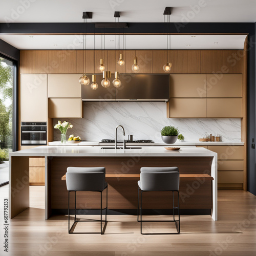 Contemporary kitchen with a waterfall edge island  pendant lights  and open shelving