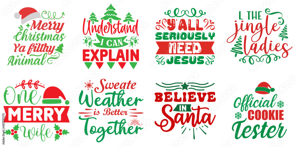 Merry Christmas and New Year Typography Set Christmas Vector Illustration for Infographic, Postcard, Magazine