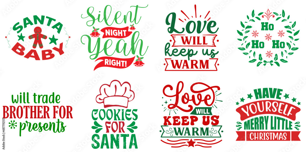 Merry Christmas and New Year Typography Set Christmas Vector Illustration for Postcard, Bookmark, Decal