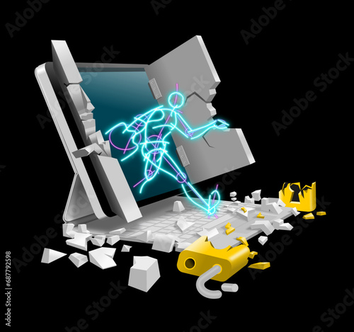 Hacker figure sketch in neon effect breaking out of computer tablet display screen, debris scattered around damaged doors and padlock. Illustration of security breach concept, 3D style.