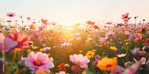 Blooming summer symphony. Colorful meadow landscape with flowers under radiant sun. Nature palette unveiled. Bright and vivid flower in sunlit meadow