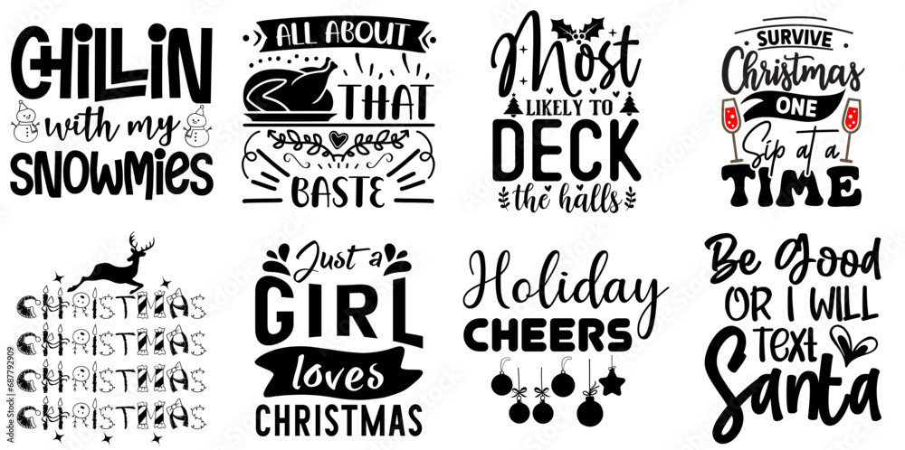 Christmas and Winter Invitation Bundle Christmas Black Vector Illustration for Decal, Banner, Wrapping Paper