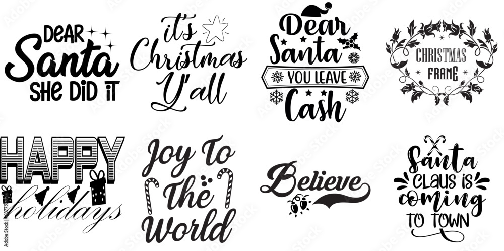 Happy Holiday and Winter Typographic Emblems Set Christmas Black Vector Illustration for Printing Press, Banner, Gift Card