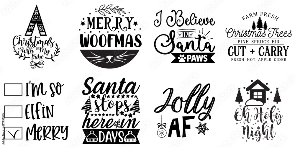 Fototapeta premium Merry Christmas and New Year Quotes Set Christmas Black Vector Illustration for Wrapping Paper, Label, Banner