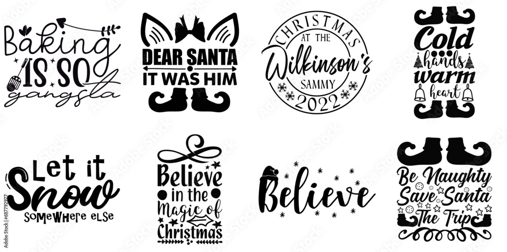 Merry Christmas and Happy New Year Phrase Collection Christmas Black Vector Illustration for Holiday Cards, Mug Design, Poster