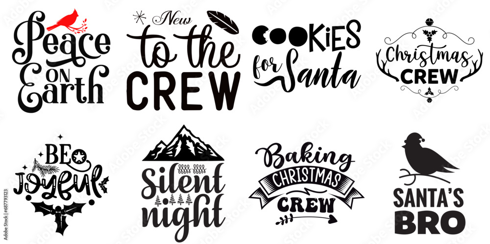 Merry Christmas and New Year Typographic Emblems Set Christmas Black Vector Illustration for Decal, Announcement, Book Cover