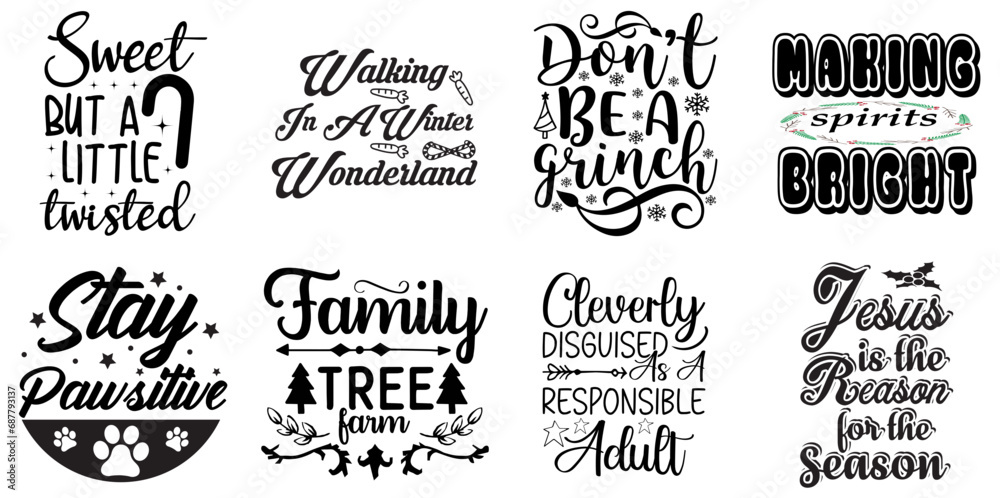 Fototapeta premium Christmas Festival and Winter Holiday Inscription Collection Christmas Black Vector Illustration for Advertisement, Magazine, Wrapping Paper