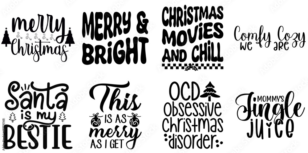 Happy Holiday and Winter Calligraphy Bundle Christmas Black Vector Illustration for Icon, T-Shirt Design, Label