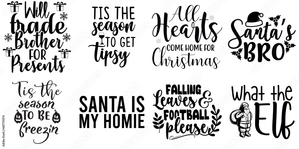 Fototapeta premium Merry Christmas and Happy Holiday Trendy Retro Style Illustration Set Christmas Black Vector Illustration for T-Shirt Design, Icon, Label