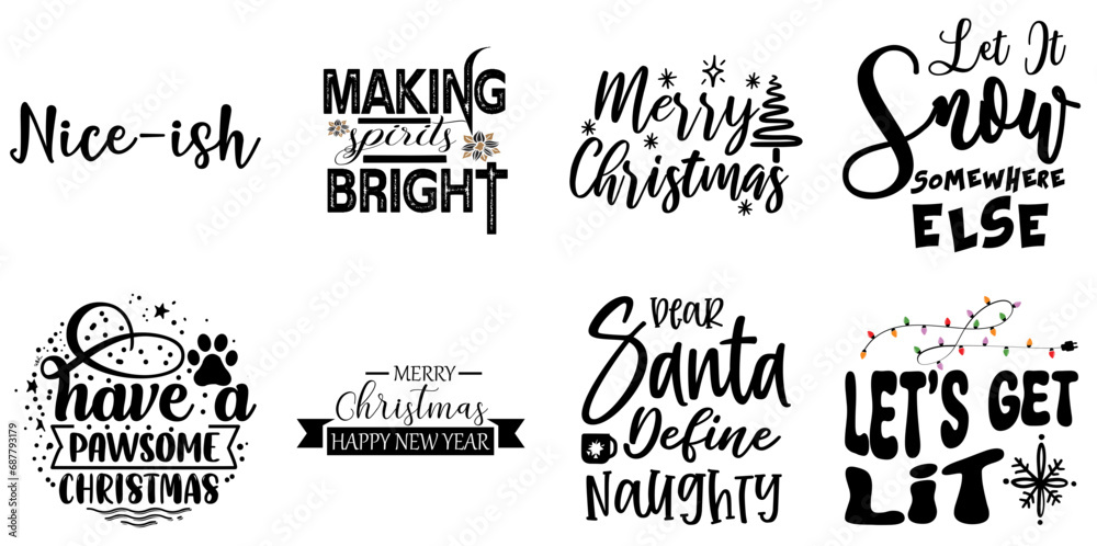 Fototapeta premium Merry Christmas Quotes Set Christmas Black Vector Illustration for Social Media Post, Magazine, Printable