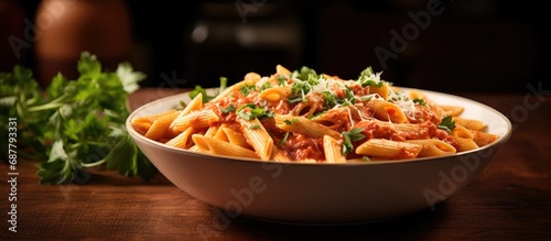 Low angle view of homemade penne alla vodka with cheese, parsley, and leftover sauce. photo