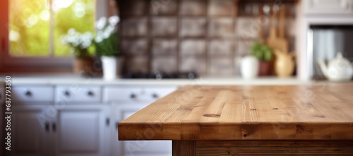 Cozy Culinary Spot  Wooden Table Embraced by a Softly Blurred Kitchen. Generative AI.