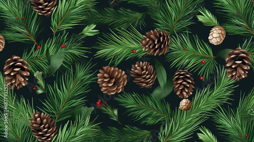 Christmas seamless pattern cones green pine fir twig. 