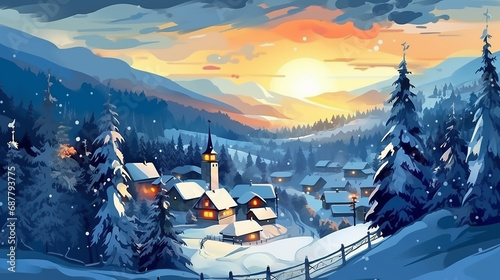 Christmas winter landscape with small village.