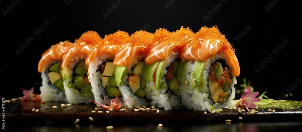 Japanese sushi roll filled with salmon, avocado, and sesame. Japanese sushi roll filled with salmon, avocado, and sesame.