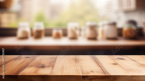 Homely Dining Palette: Neat Wooden Table Complemented by a Soft Kitchen Scene. Generative AI.