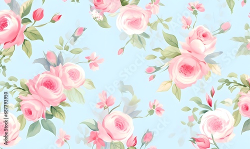 Light blue background with watercolor pink roses, Generative AI