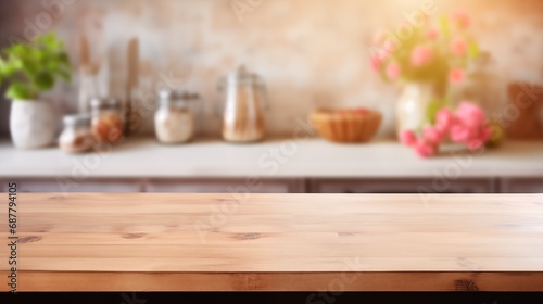Rustic Culinary Charm: Neat Wooden Table in the Midst of a Cozy Kitchen Scene. Generative AI.