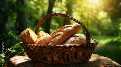 a basket of breads with green grass in the background. outdoor picnic concept