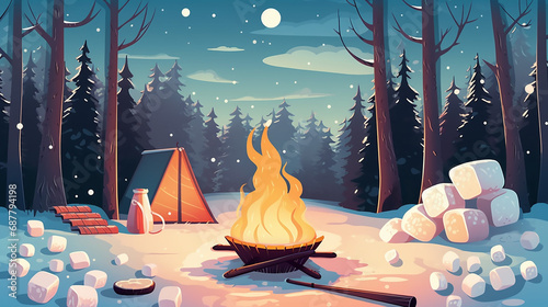 Marshmallow roast on winter campfire poster. Generative AI
