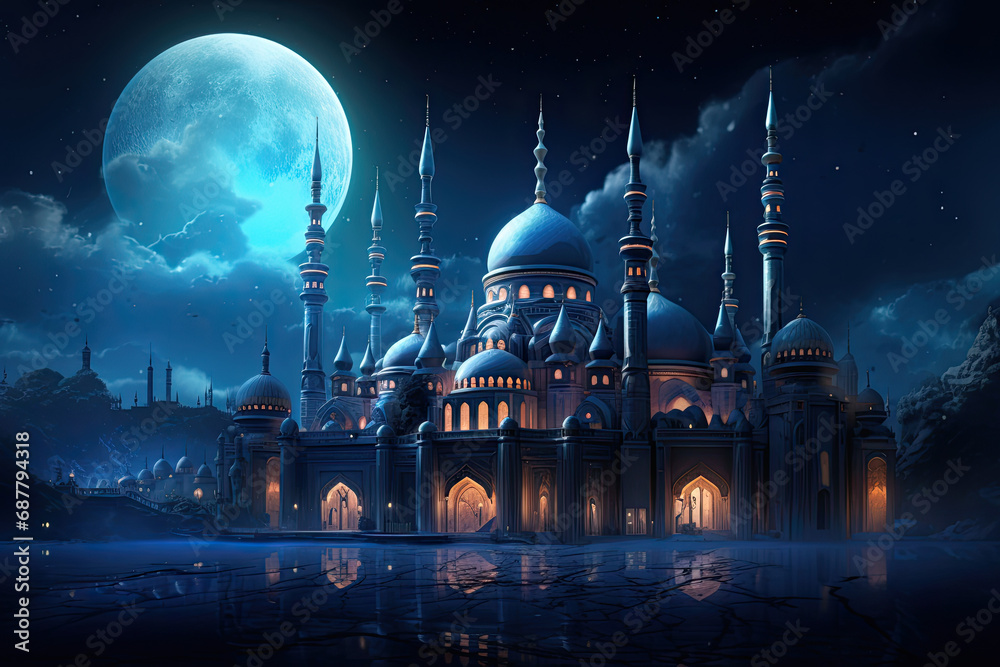 the islamic muslim mosque at night with moon. ramadan kareem concept