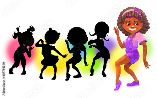 Afro american school-age girl dancing merrily. Find the shadow game. Clipart. Isolated watercolor illustration for design of cards  posters  t-shirt printing