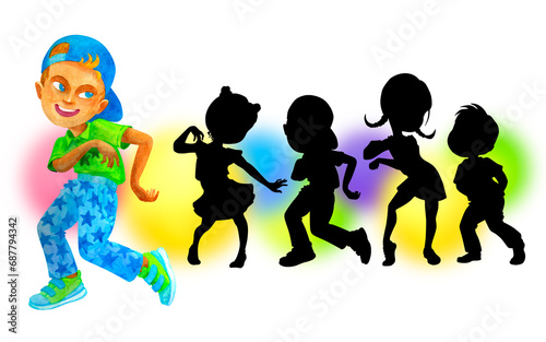 Happy school-age boy dancing merrily. Find the shadow game. Clipart. Isolated watercolor illustration for design of cards  posters  t-shirt printing