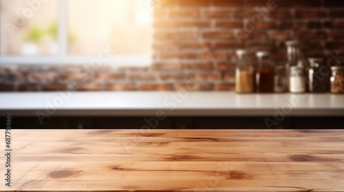 Homely Dining Haven: Neat Wooden Table Amidst a Softly Blurred Kitchen. Generative AI.