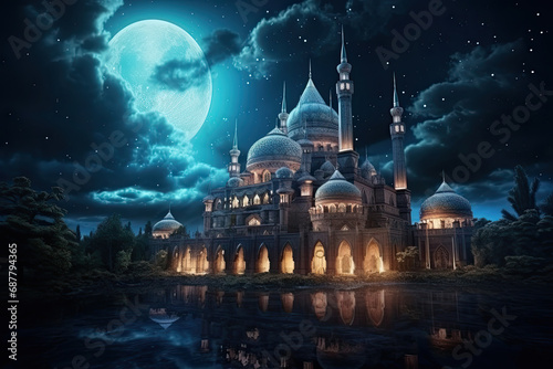 the islamic muslim mosque at night with moon. ramadan kareem concept photo