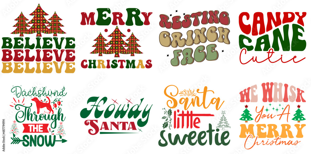 Christmas and Winter Invitation Set Retro Christmas Vector Illustration for Greeting Card, Logo, Label
