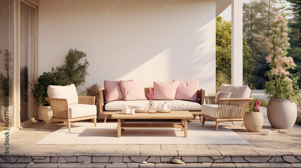 outdoor modern patio living room design with white sofa. patio with tropical plants in outdoor garden - obrazy, fototapety, plakaty 