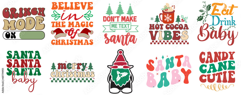 Merry Christmas and Holiday Celebration Phrase Bundle Vintage Christmas Vector Illustration for Greeting Card, Logo, Flyer