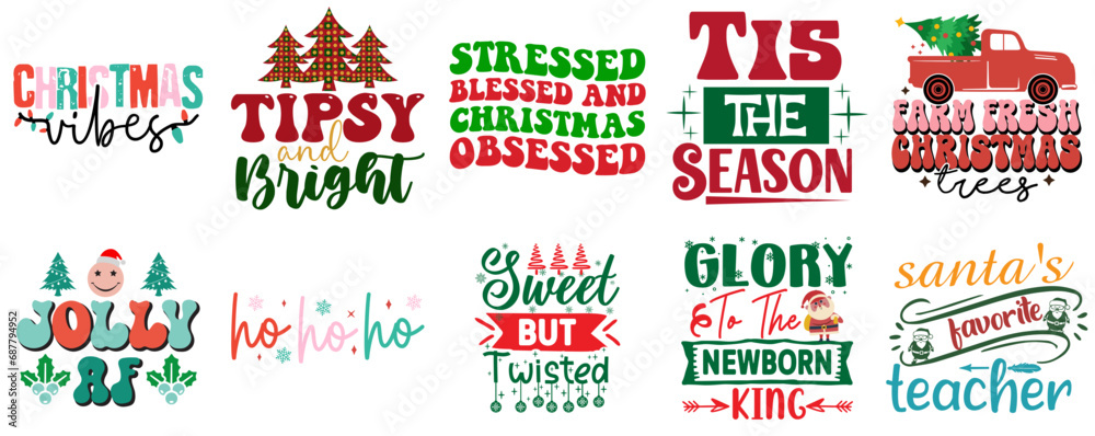 Merry Christmas and New Year Typographic Emblems Collection Vintage Christmas Vector Illustration for Label, Decal, Sticker