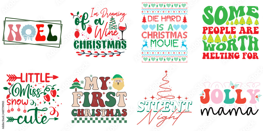 Holiday Celebration and Winter Typography Collection Retro Christmas Vector Illustration for Flyer, Bookmark, Banner