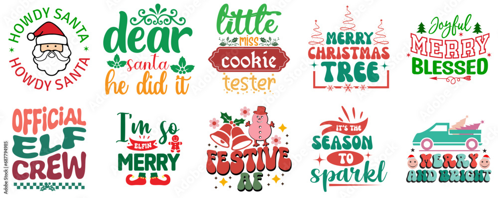 Christmas and Holiday Quotes Collection Vintage Christmas Vector Illustration for Label, Wrapping Paper, Holiday Cards