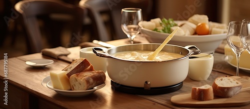Close-up of rustic table with steaming cheese fondue, wine, baguette, and dipping forks.