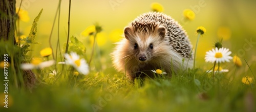 European hedgehog in natural garden with green grass and yellow buttercup.