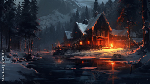 Winter banner with a house in a frost forest photo