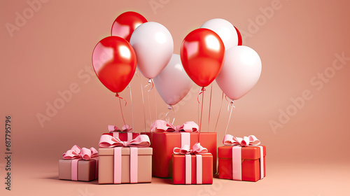 gift boxes with balloons are displayed on a brown background