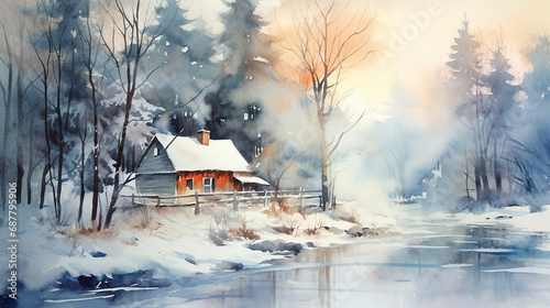 Winter landscape watercolor landscape illustration background.  © Petruk