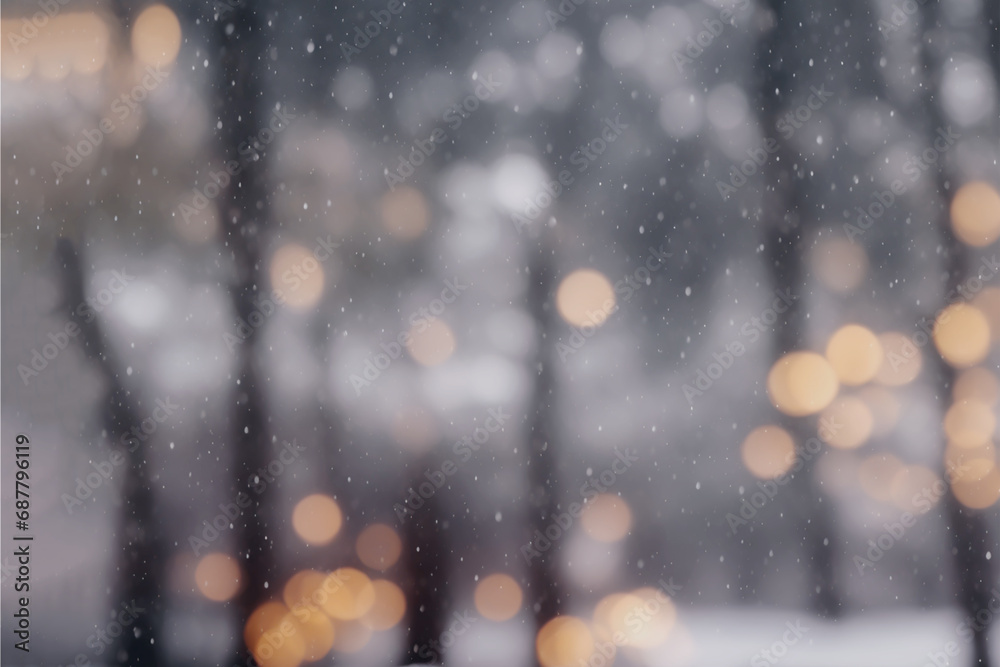 Defocused winter forest with falling snow background with bokeh orbs ...