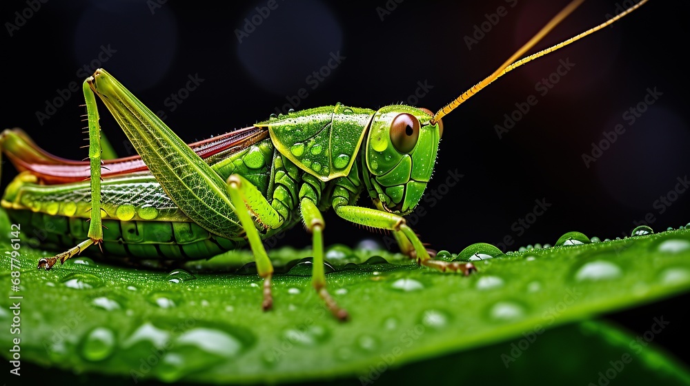 A little grasshopper is sitting on a leaf with tiny water drops. A little grasshopper is sitting on a leaf with tiny water drops.