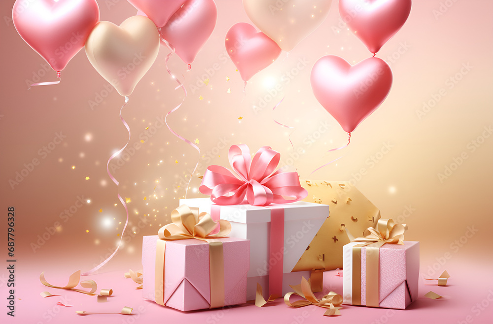 Valentine Day gift. Romantic pink background with balloons hearts and gift box Generative AI