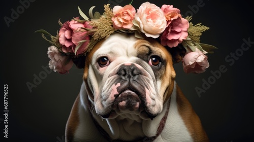 Bulldog breed dog wearing a wreath of flowers on a plain background. Spring and holiday concept