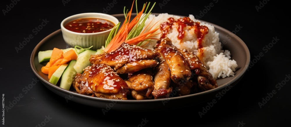 Korean chicken wings with galbi sauce, pickled radish, kimchi, and rice.