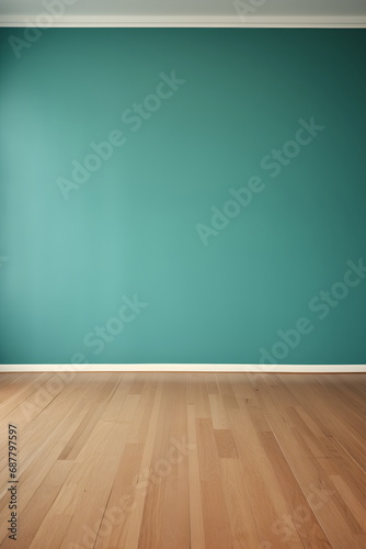 Simple room, aquamarine color Wall, hardwood Floor